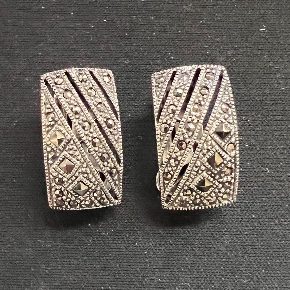 Vintage 925 Sterling Silver Rectangular Marcasite… - image 1